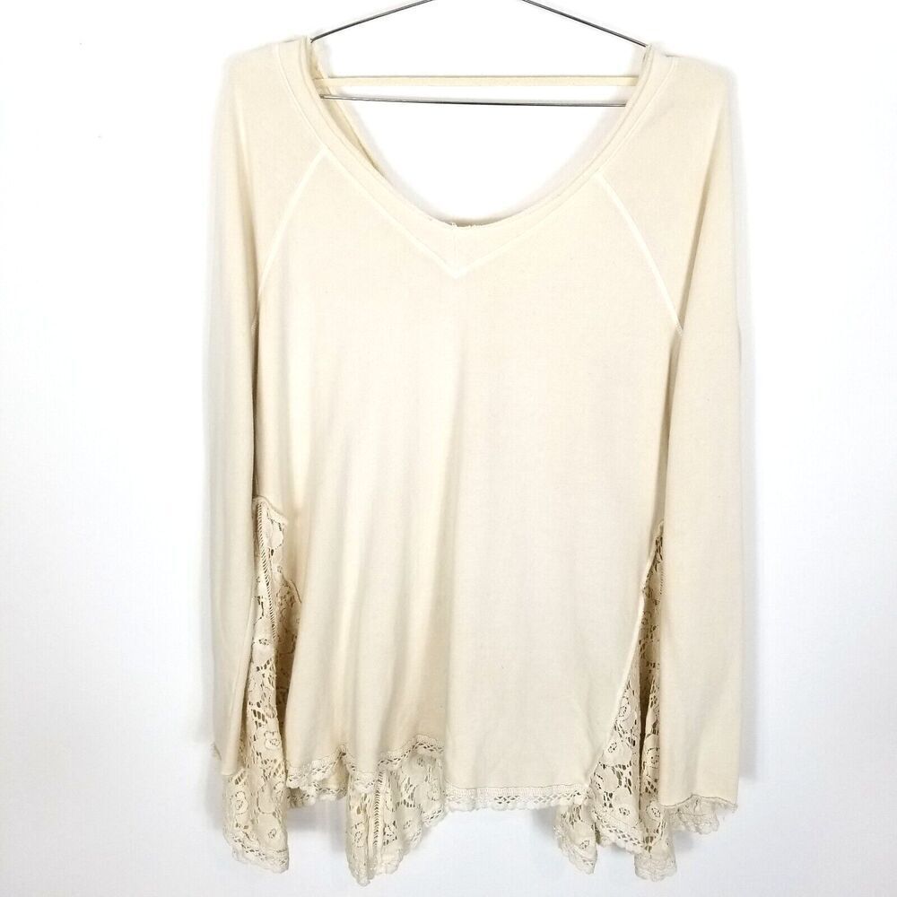FREE PEOPLE Women No Frills Lace Inset Pullover Asymmetrical Sweater S Ivory